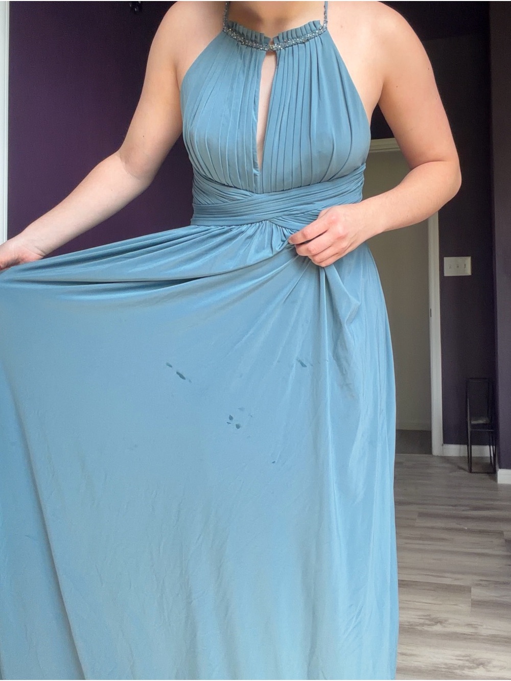 BCBGMaxAzria Sky Blue Halter Pleated Maxi Gown - Picture 4 of 8